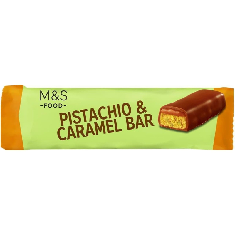 Marks & Spencer Tyčinka z mléčné čokolády s náplní z bílé čokolády s pistáciovými ořechy a vrstvou měkkého karamelu