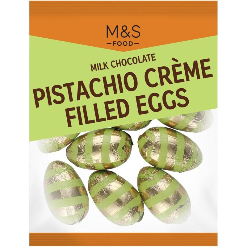Marks & Spencer Mini vajíčka ze švýcarské mléčné čokolády s krémovou pistáciovou náplní