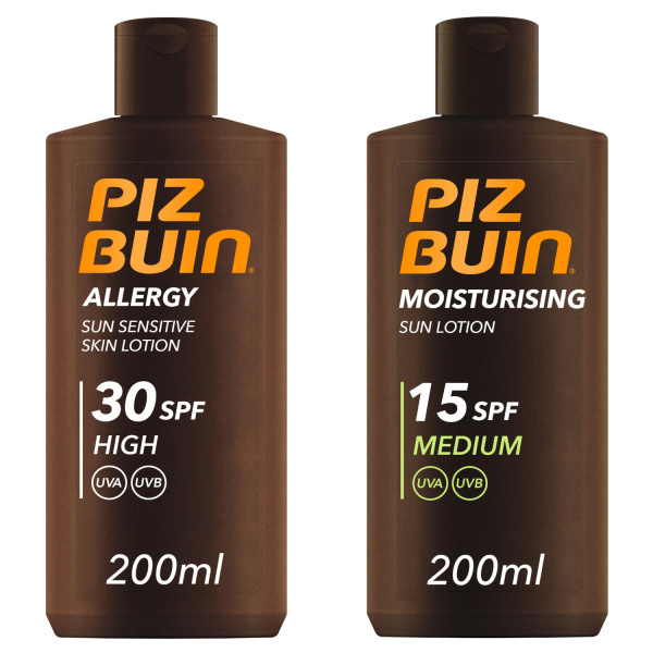 Piz Buin Set Allergy Lotion SPF 30 + Moisturizing Lotion SPF 15 opalovací krémy pro hydrataci a citlivou pokožku 200 ml + 200 ml