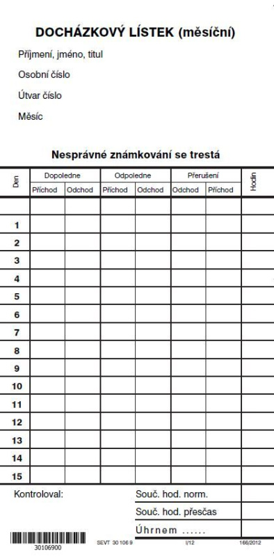 Docházkový lístek měsíční