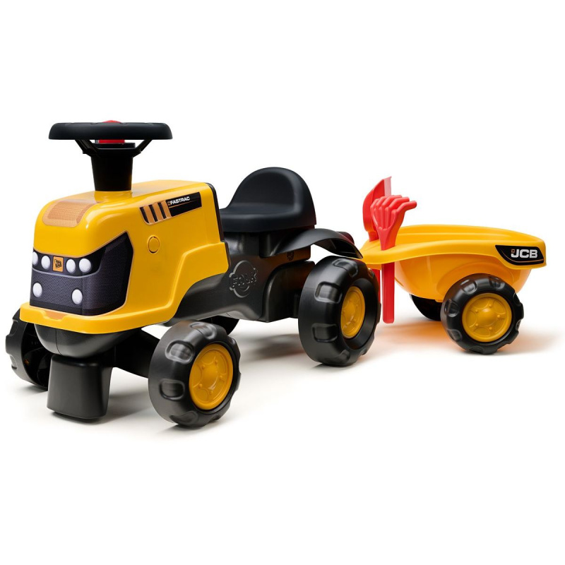 Odrážedlo traktor JCB Fastrac s přívěsem, lopatkou a hráběmi 1–3 roky
