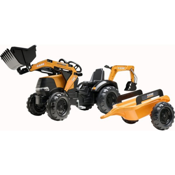 šlapací traktor CASE s nakladačem, zadním bagrem a přívěsem pro děti 3–7 let