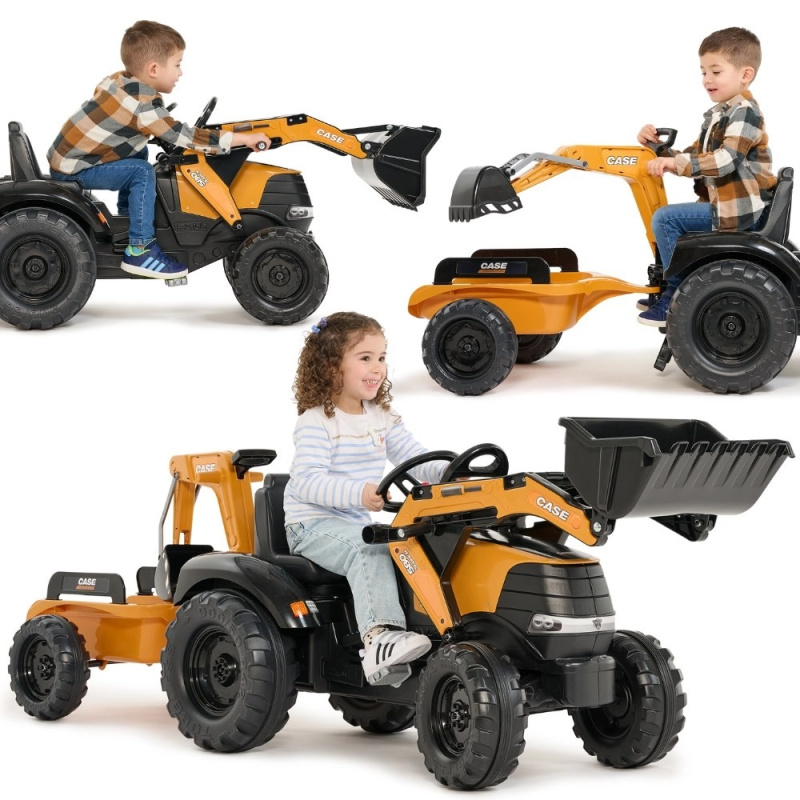 šlapací traktor CASE s nakladačem, zadním bagrem a přívěsem pro děti 3–7 let