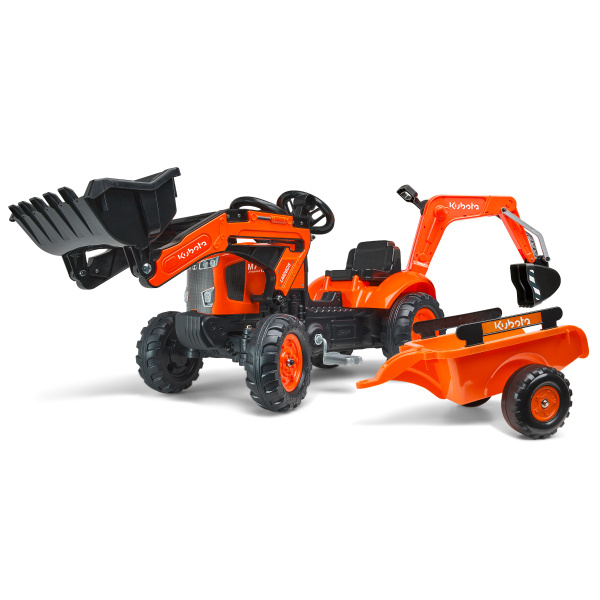 FALK Šlapací traktor 2060Y Kubota s lžicí, bagrem a přívěsem
