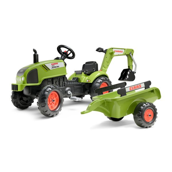 FALK Šlapací traktor Claas Arion 410 s nakladačem, rypadlem a vlečkou