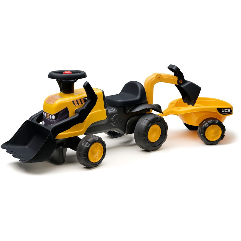 Odrážedlo traktor JCB s přívěsem, lopatkou a hráběmi pro děti 1–3 roky