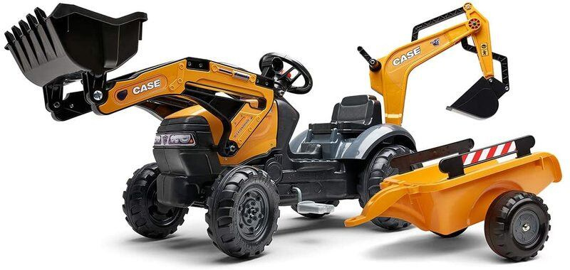FALK Šlapací traktor Case CE s nakladačem, bagrem a vozíkem žlutý