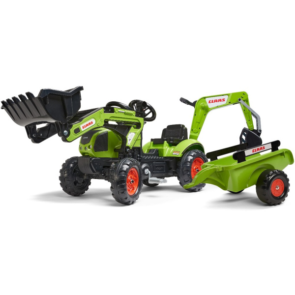 Šlapací traktor Claas Arion 410 s radlicí a zadní lžící a valníkem zelený