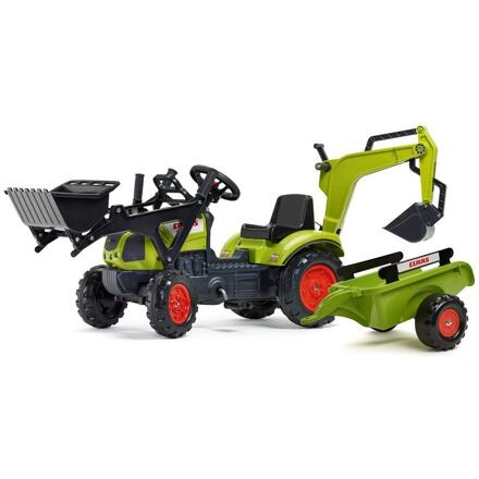 Šlapací traktor Claas Arion 410 s radlicí a zadní lžící a valníkem zelený