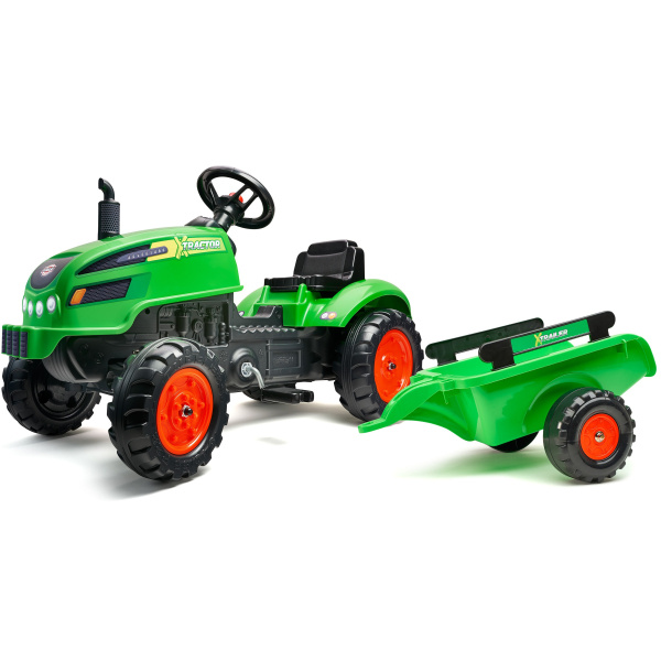Šlapací traktor s vlečnou a otevírací kapotou zelený