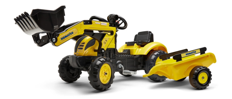 Falk Traktor šlapací Komatsu žlutý s přední lžící a valníkem