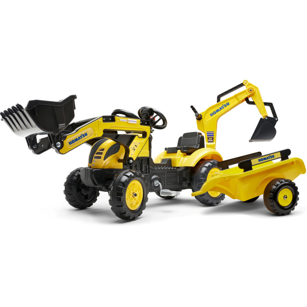 FALK Šlapací traktor Komatsu s nakladačem, bagrem a vozíkem - žlutý