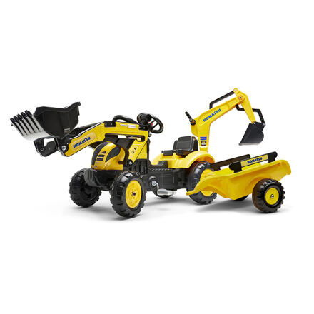 FALK Šlapací traktor Komatsu s nakladačem, bagrem a vozíkem - žlutý