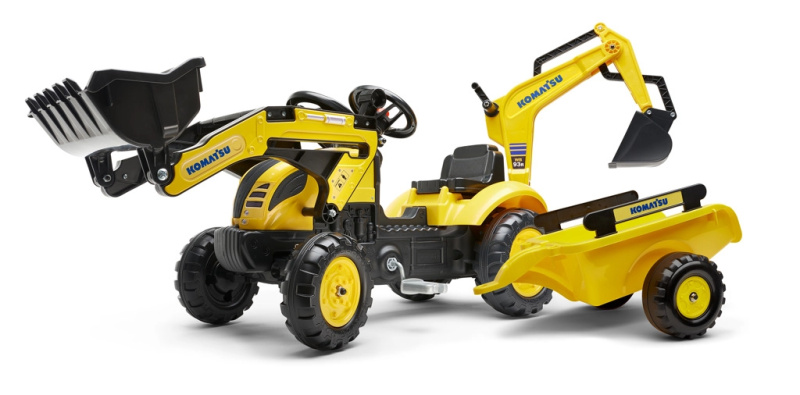 FALK Šlapací traktor Komatsu s nakladačem, bagrem a vozíkem - žlutý