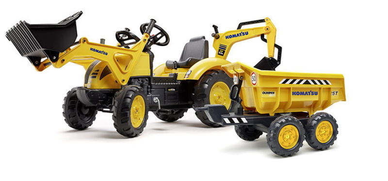 FALK Šlapací traktor 2086W Komatsu s bagrem a Maxi vyklápěcím přívěsem - žlutý