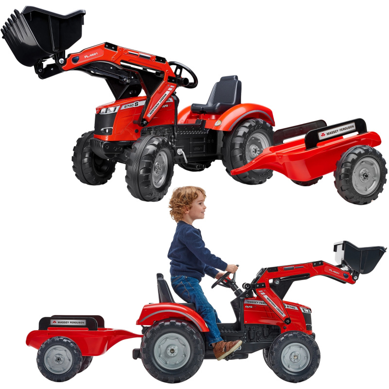 Traktor Massey Ferguson s přívěsem červený na pedály