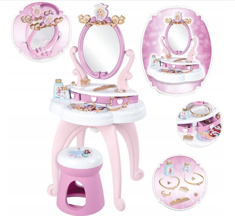 Smoby Kosmetický stolek Disney Princess 2in1 Hairdresser a židle s 10 zkrášlovacími doplňky 94 cm výška