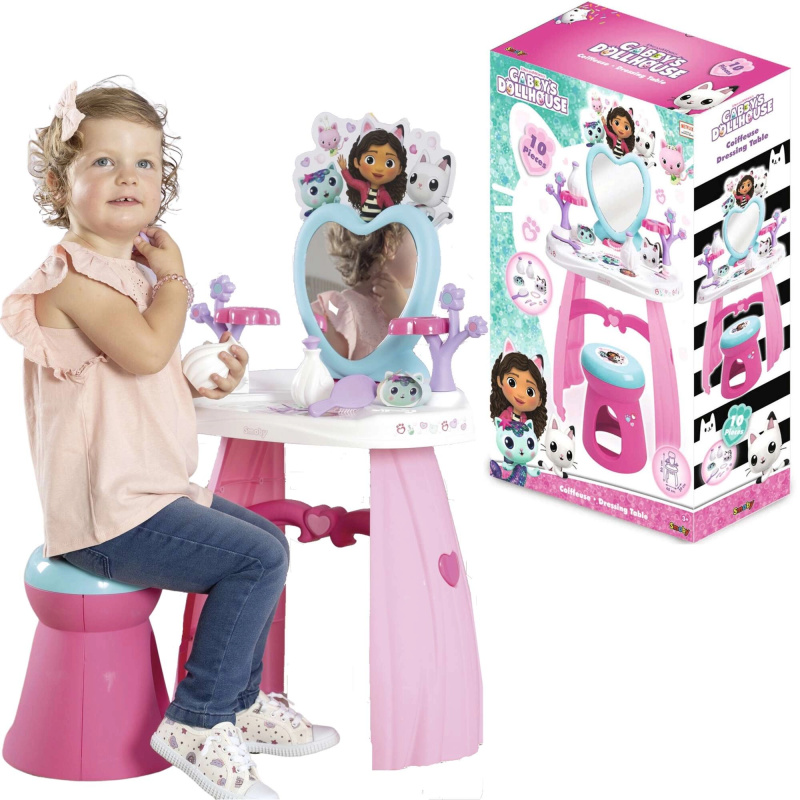 Toaletní stolek GABBY’S DOLLHOUSE srdíčkové zrcadlo a stolička + 10 doplňků