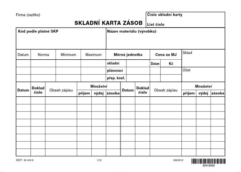Skladní karta zásob typ A