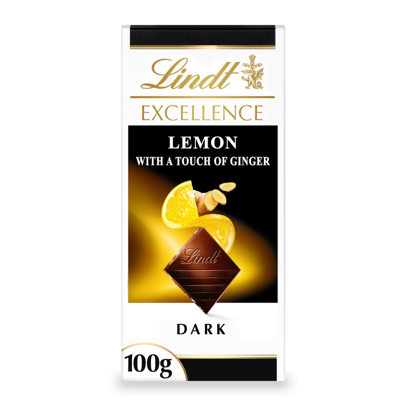 Lindt EXCELLENCE hořká čokoláda s kousky mandlí, citronovou šťávou a příchutí zázvoru, 100g