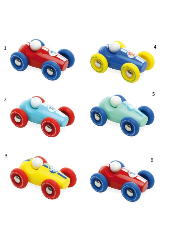 Vilac Dřevěné závodní mini auto 1 ks červené s modrými koly