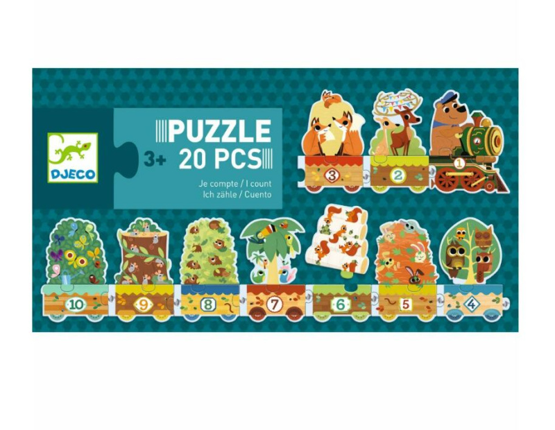 DJECO Puzzle Vlak se zvířátky a čísly 20 dílků