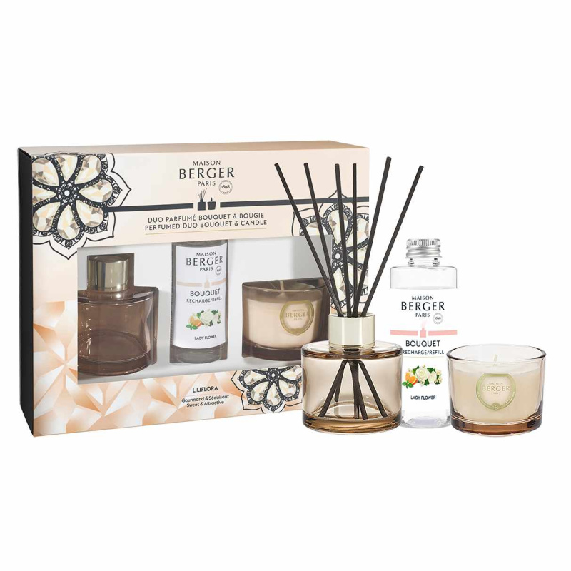 Maison Berger Paris Dárková sada Duo Mini Eternity: aroma difuzér s náplní 80 ml + svíčka 80 g, Lady Flower 7836
