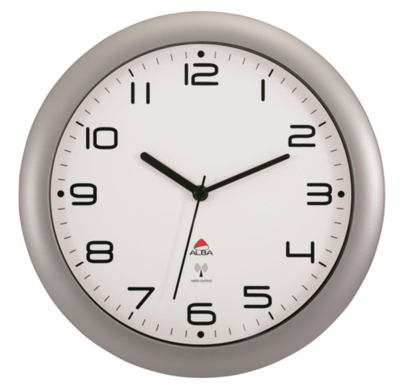 Alba France Nástěnné rádiem řízené hodiny Hornew - plastové, průměr 30 cm, stříbrné