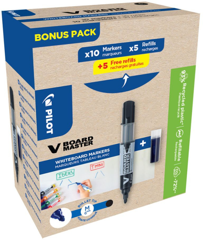 Pilot V-Board Master Popisovač na bílé tabule - černý, Greenpack 10 ks + 10 náplní