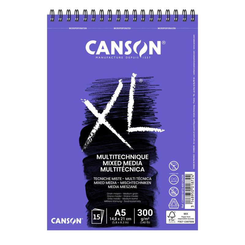 Skicák XL Mix Media na mokré techniky s kroužkovou vazbou (300g/m2, 15 listů) A5