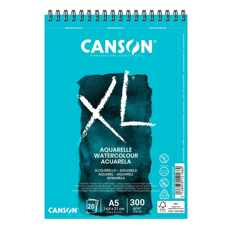 Skicák XL Aquarelle na mokré techniky s kroužkovou vazbou (300g/m2, 20 listů) A5