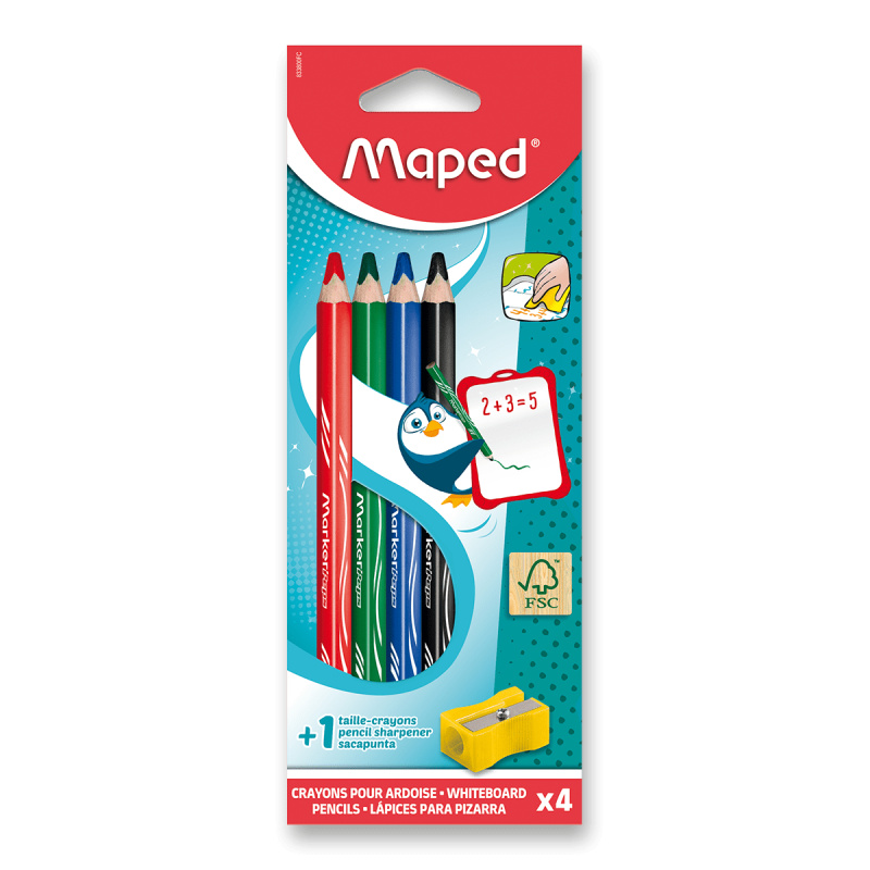 Popisovací tužka na tabuli Maped dry-erasable 4 barvy + ořezávátko Maped