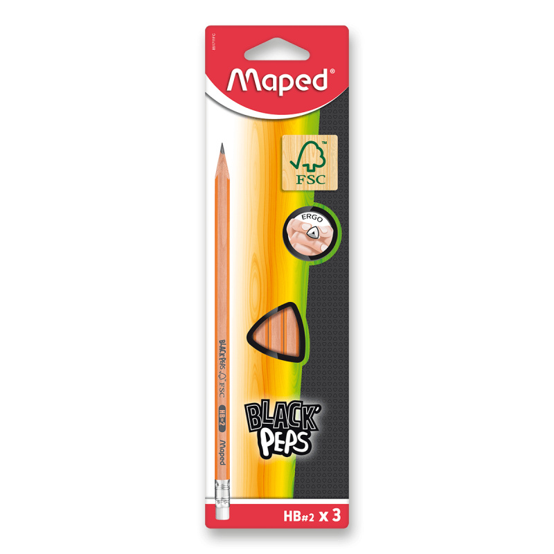 Tužka Black Peps s pryží tvrdost HB 3 ks na blistru Maped