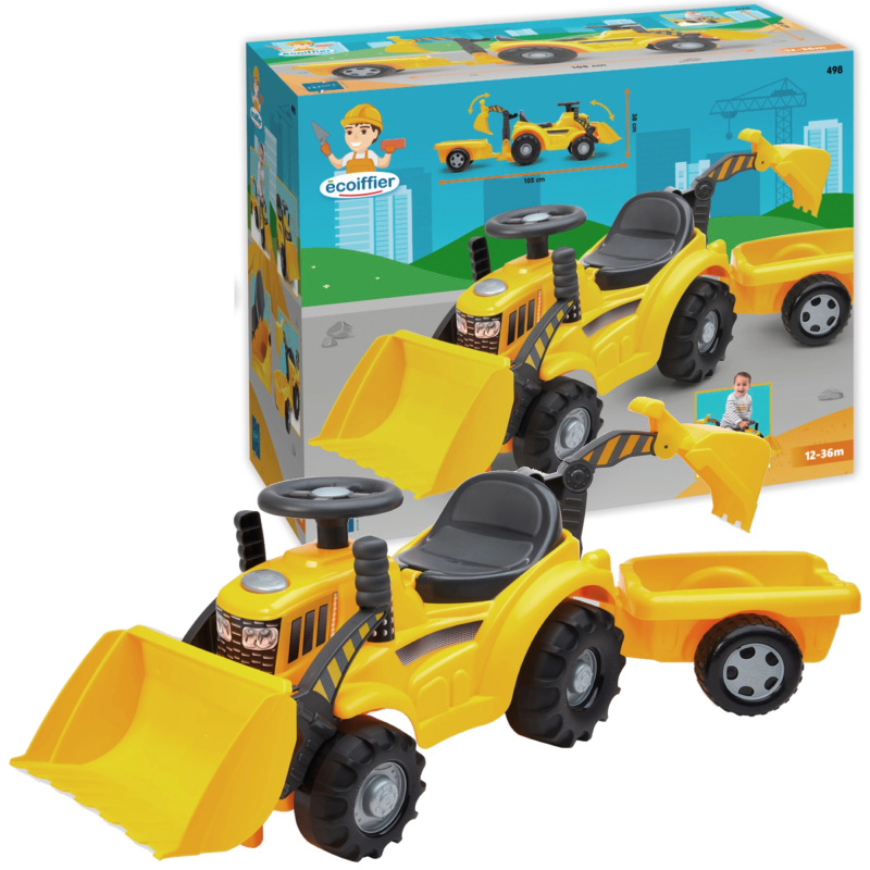 Ecoiffier traktor s žlutým přívěsem a výměnnou lžící – odrážedlo pro děti