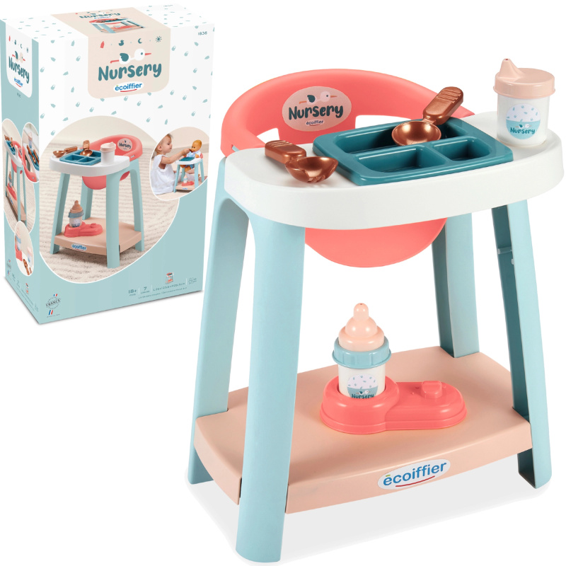 ecoiffier nursery sada pro krmení panenek s jídelní židličkou a doplňky, 7 dílů