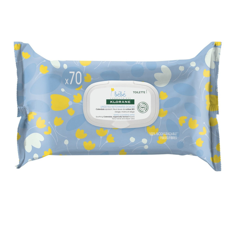 Klorane Bébé Calendula Gentle Cleansing Wipes jemné čisticí ubrousky pro děti od narození 70 ks