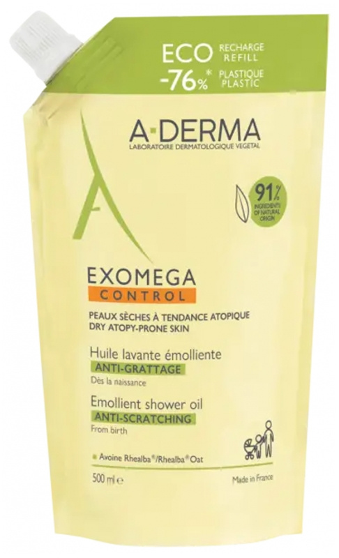 A-Derma Exomega Control Emollient Shower Oil zvláčňující sprchový olej náhradní náplň 500 ml