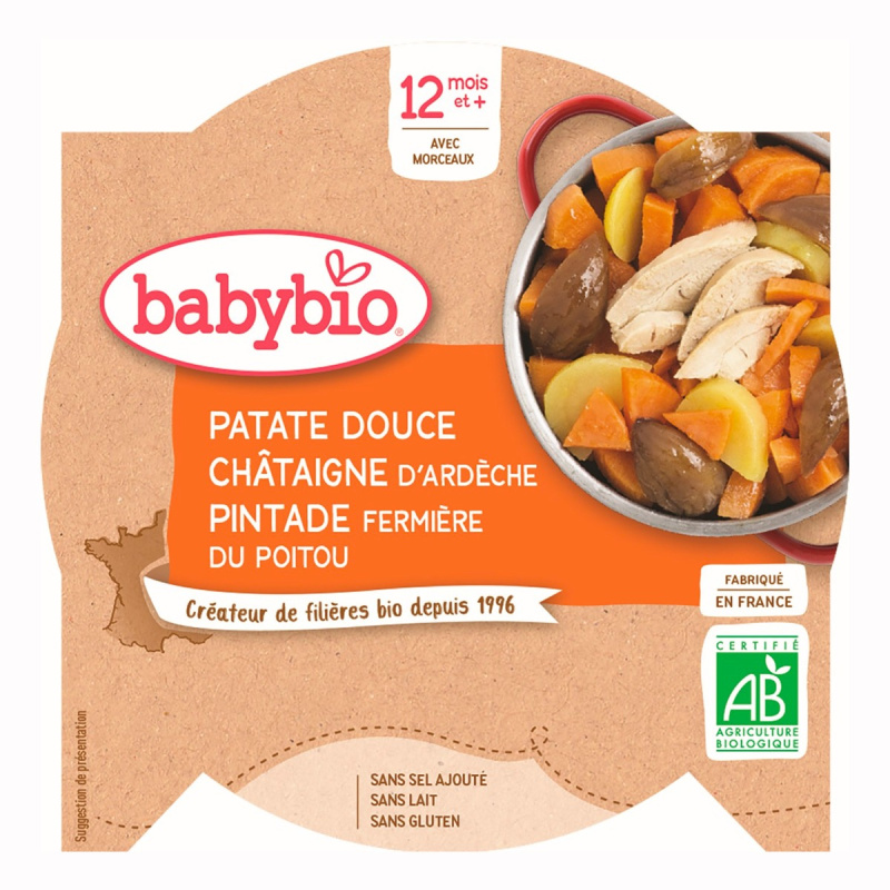 BABYBIO Menu Sladké brambory s kaštanovým pyré a farmářskou perličkou 230 g