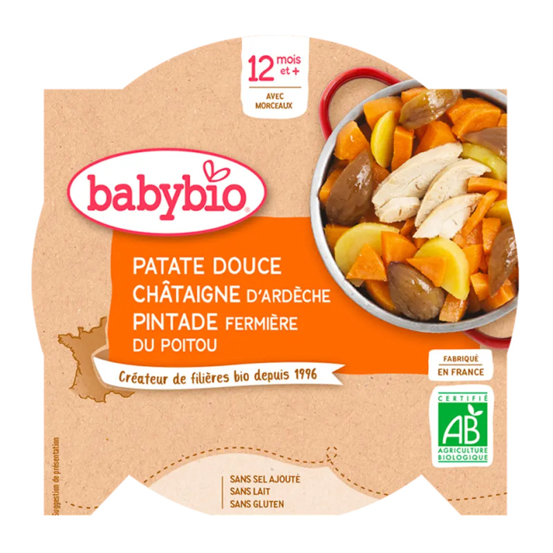 BABYBIO Menu Sladké brambory s kaštanovým pyré a farmářskou perličkou 230 g