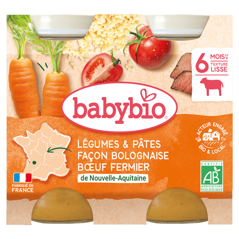 BABYBIO Denní menu Zelenina s těstovinami na boloňský způsob s farmářským hovězím masem 2x200 g