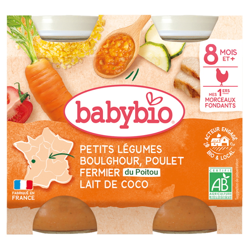 BABYBIO Zelenina s bulgurem, kuřetem a kokosovým mlékem BIO 2 x 200 g