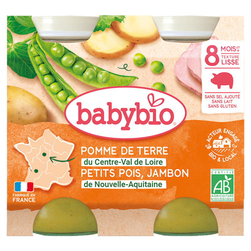 BABYBIO Denní menu Brambory a hrášek se šunkou 2x200 g