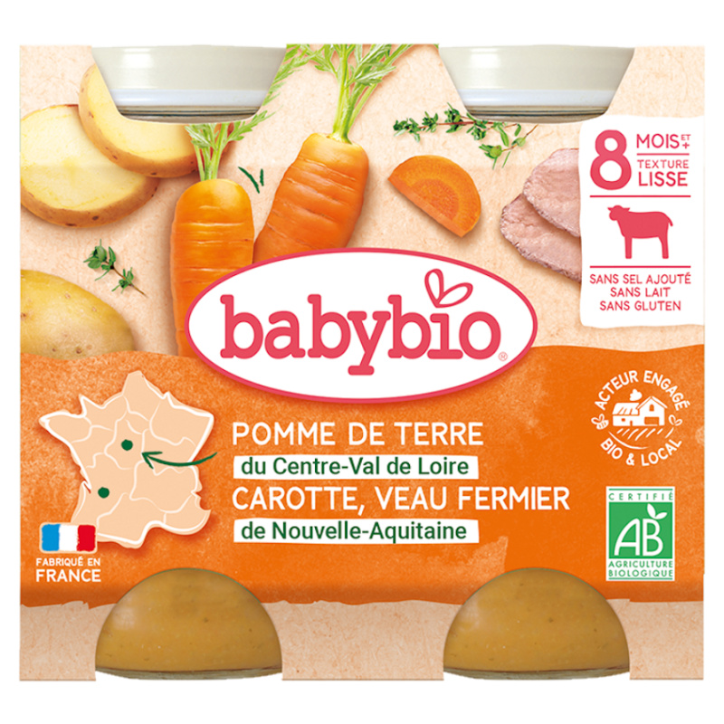 BABYBIO Brambory s mrkví, rajčaty a telecím masem 2x200 g