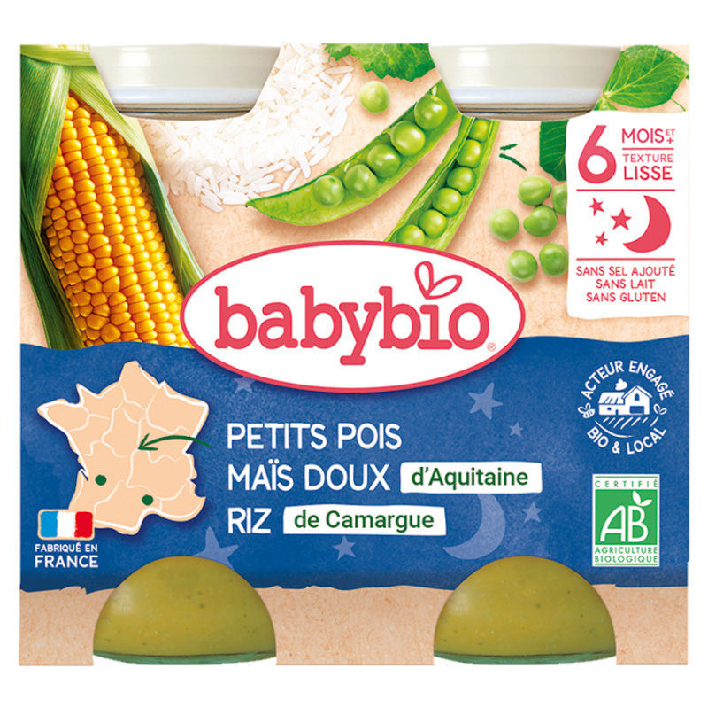 BABYBIO Večerní menu Hrášek se sladkou kukuřicí a rýží 2x200 g