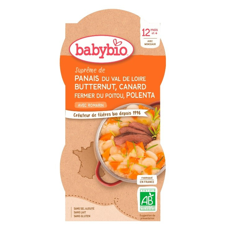 BABYBIO Pastinák s máslovou dýní, kachnou a polentou 2x200 g