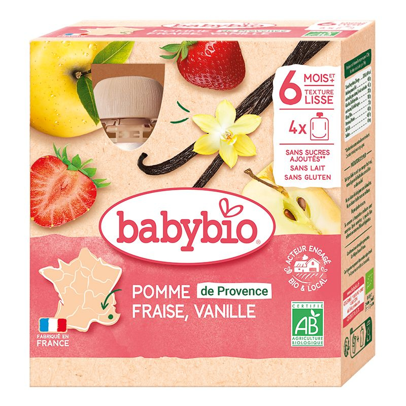 BABYBIO Jablko s jahodou a vanilkou 6m+ 4 x 90 g