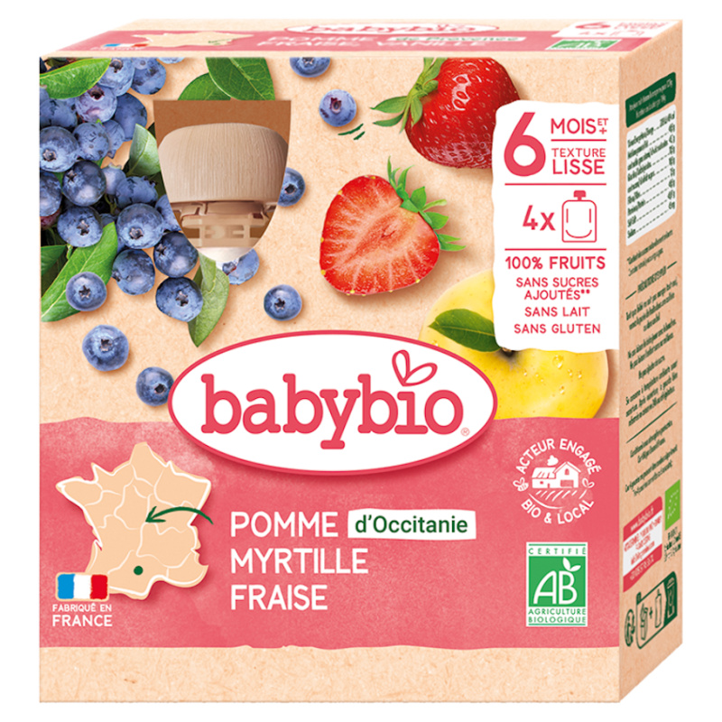 BABYBIO Jablko s borůvkou a jahody 6m+ 4 x 90 g