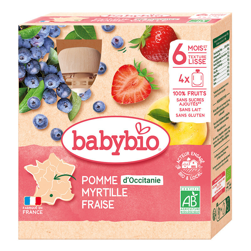 BABYBIO Jablko s borůvkou a jahody 6m+ 4 x 90 g
