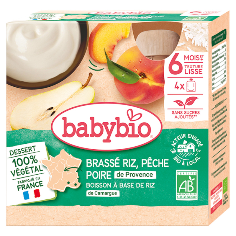 BABYBIO Kapsička rýžová kaše s broskví a hruškou 6m+ 4 x 85 g