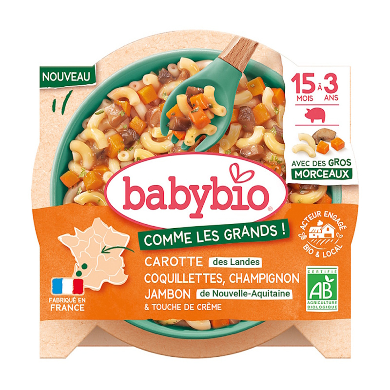 BABYBIO Těstoviny coquillettes s mrkví, žampiony, šunkou 200 g